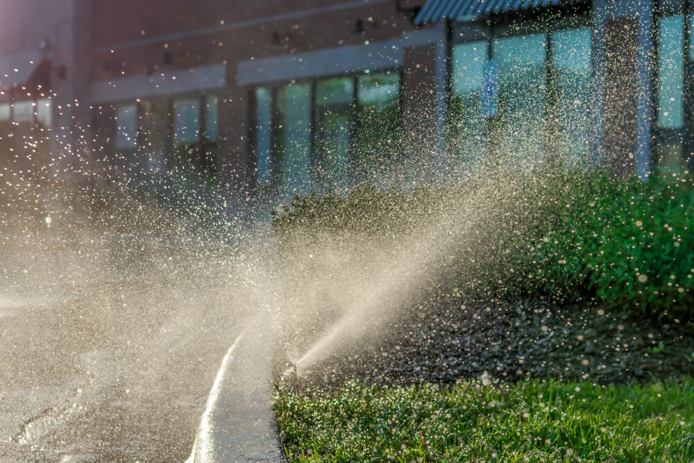 Automated,Sprinkler,System,At,Outdoor,Shopping,Center