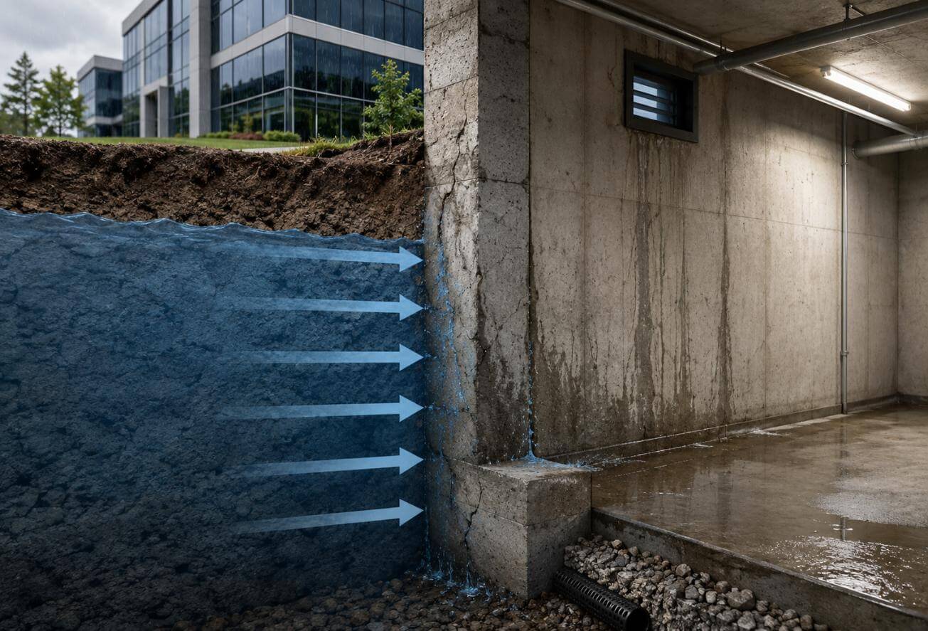 Hydrostatic pressure pushing groundwater against a commercial building foundation and causing below-grade water intrusion.